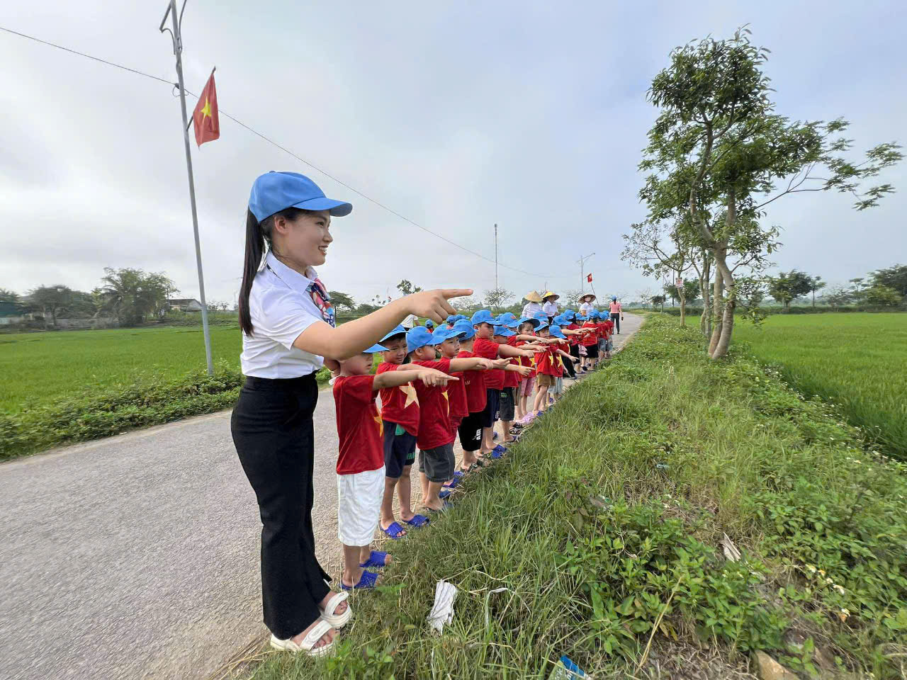 cô nhung và trẻ xem cánh đồng lúa